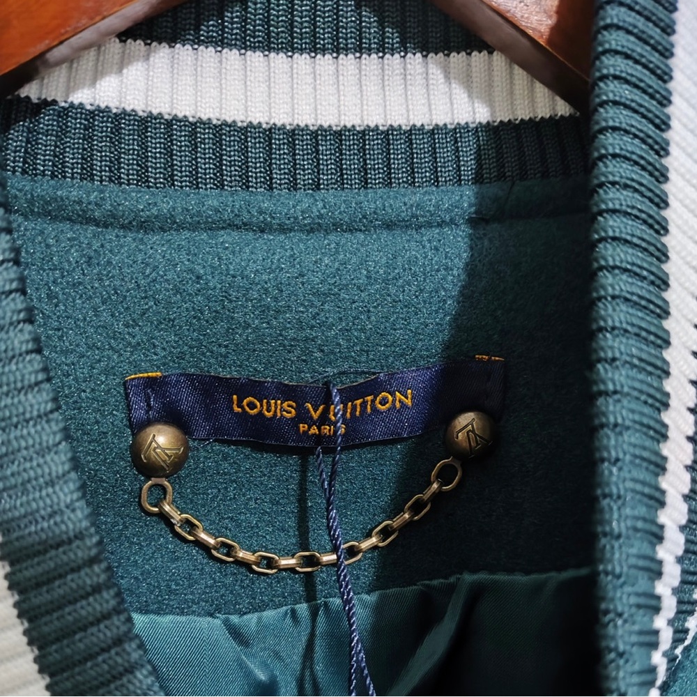 Louis Vuitton-Inspired Green Varsity Jacket with Brown Monogram Sleeves - Picture 2 of 11
